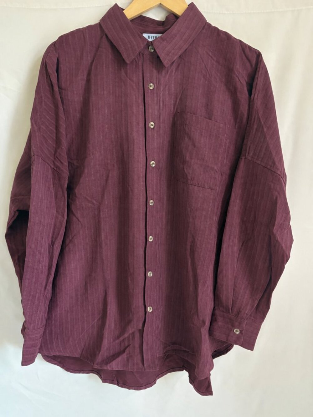 Burgundy Oversize Pinstripe Button-Up Shirt – Long Sleeve Casual Top